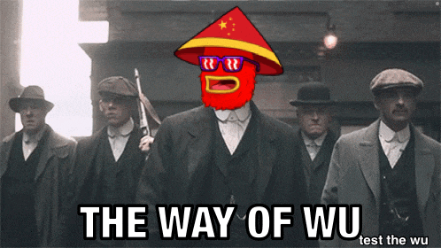 a group of men are standing in a line with the words the way of wu test the wu on the bottom