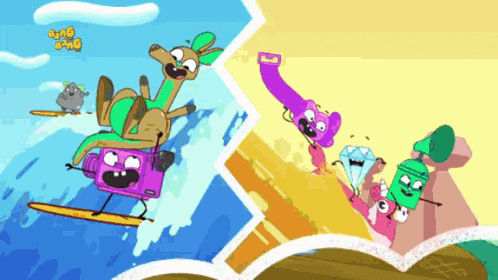 a cartoon of a kangaroo riding a surfboard with the word ring ring on the bottom left