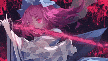 a girl with pink hair is holding a sword