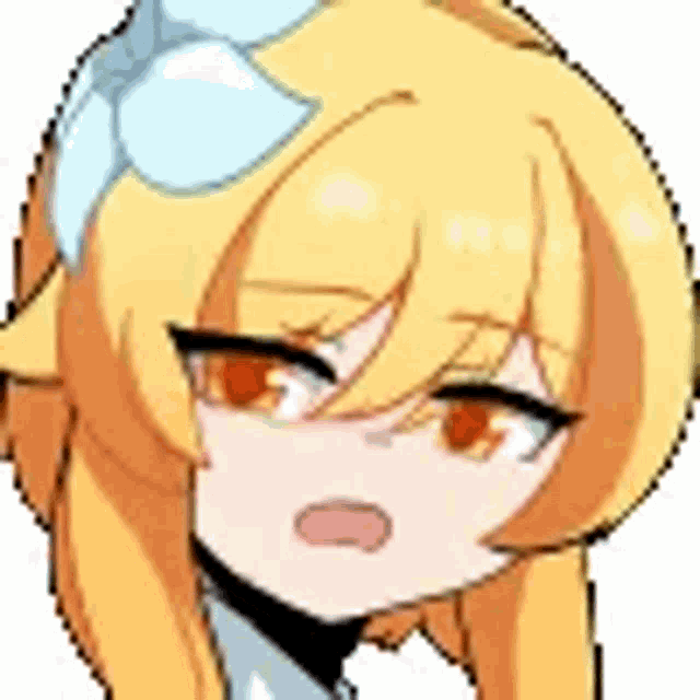 a close up of a girl 's face with yellow hair and a blue bow on her head .