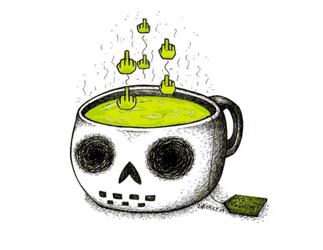 a drawing of a skull filled with green liquid and a tea bag that says no usda tea
