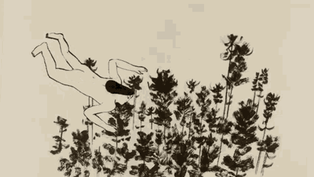 a black and white drawing of a naked woman laying in the woods