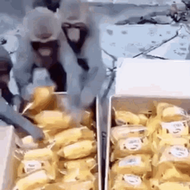 two boxes of bananas are sitting on a table next to a monkey .