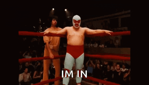 a wrestler in a red and blue outfit is standing in a boxing ring with the word im-in written on it .