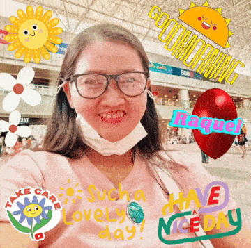 a woman wearing glasses and a face mask is surrounded by good morning stickers