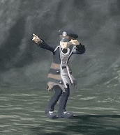 a cartoon character is dancing in a video game and pointing at something .