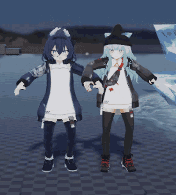 two anime characters standing next to each other with one wearing a cat hat