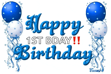 blue and white balloons with the words happy 1st birthday