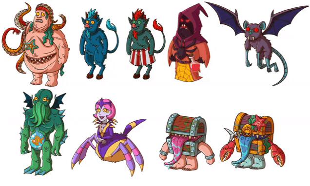 a bunch of cartoon monsters including a bat and a spider