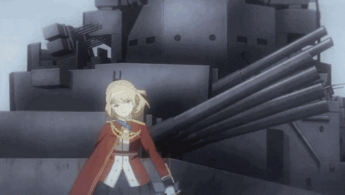 a woman in a red coat is standing in front of a large military vehicle