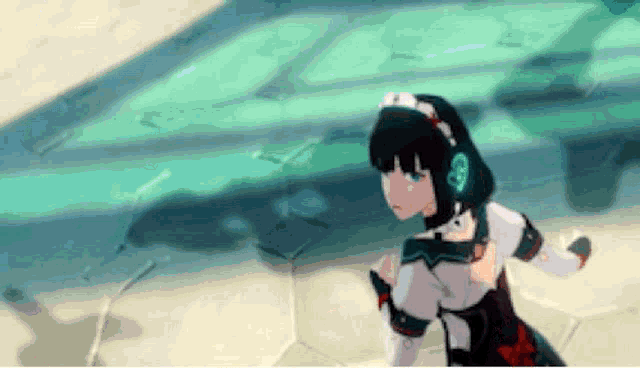 a girl in a maid costume is running in front of a green background .