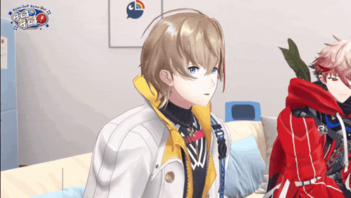 a boy in a white jacket stands next to another boy