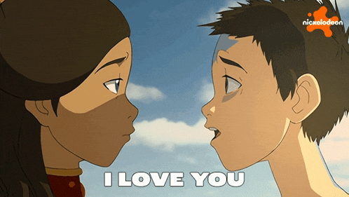 a cartoon of a boy and a girl kissing with the words " i love you " below them