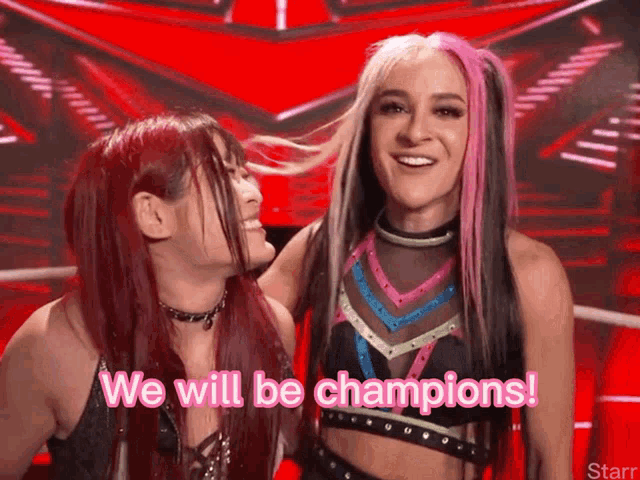 two women are standing next to each other with the words we will be champions written on the bottom