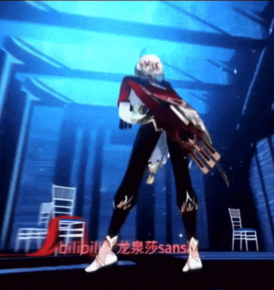 a person in a video game is holding a sword in front of a screen that says bilibili sans