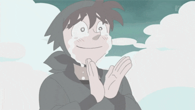 a cartoon character is laughing with his hands folded in front of his face