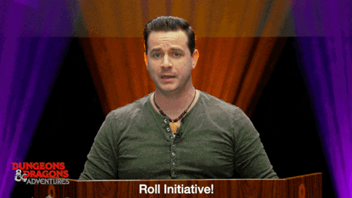 a man stands at a podium with the words roll initiative on it