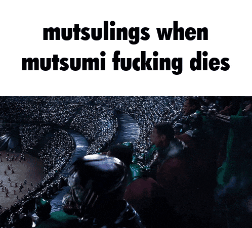 a man is screaming in front of a crowd with the words " mutsumi fucking dies " below him
