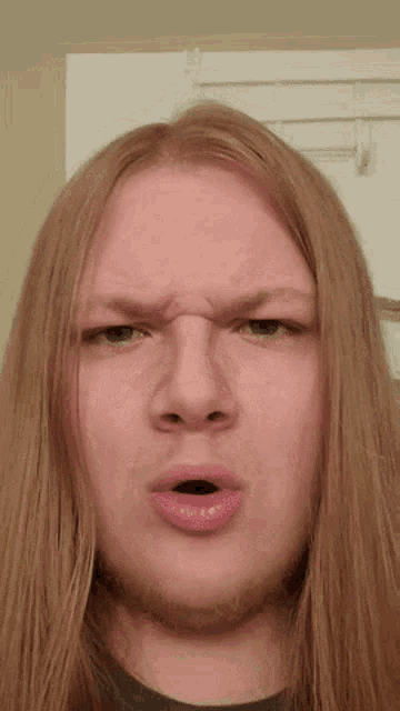 a man with long blonde hair and a beard is making a face