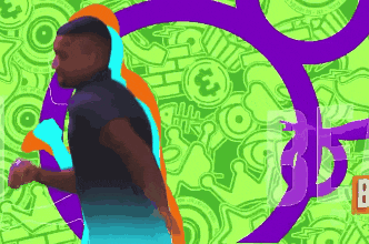 a man in a black shirt is running in front of a green background with a purple circle with the number 35 on it
