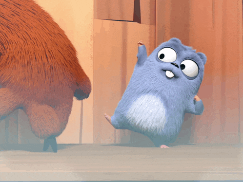 a cartoon character standing next to another cartoon character with big eyes