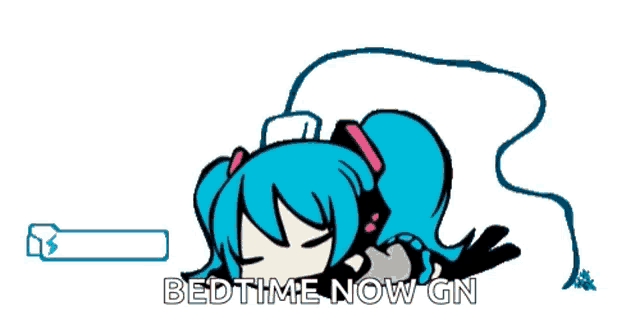 a cartoon of a girl with headphones and the words bedtime now gn below her