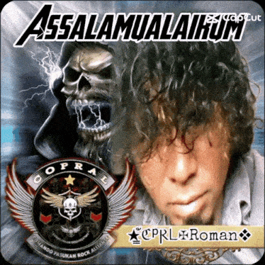 a picture of a man with a skull and the words assalamualaikum on the top