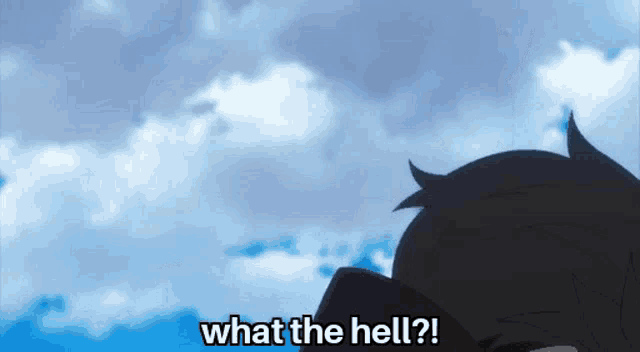 a cartoon character says what the hell in front of a cloudy blue sky