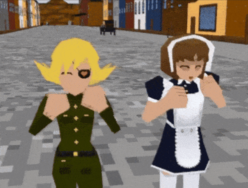 a girl in a maid outfit is standing next to a girl in a military outfit