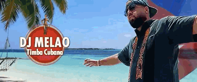 a man standing on a beach with dj melao timba cubana written on the top