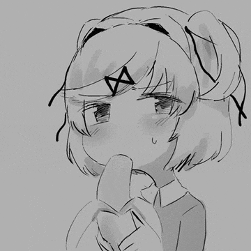 a black and white drawing of a girl with a x on her head eating a banana