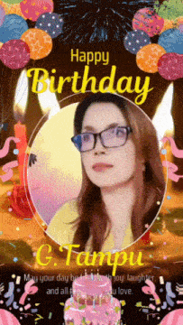 a happy birthday card with a picture of a woman and a cake