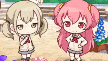 two little girls with pink hair are standing next to each other in a video game .