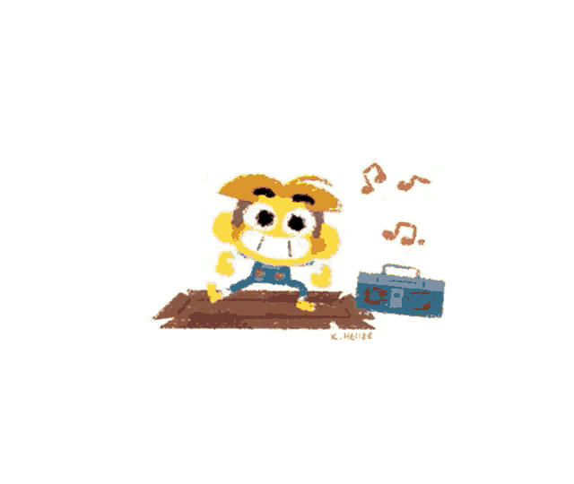 a cartoon drawing of a boy standing next to a boombox with music notes coming out of it