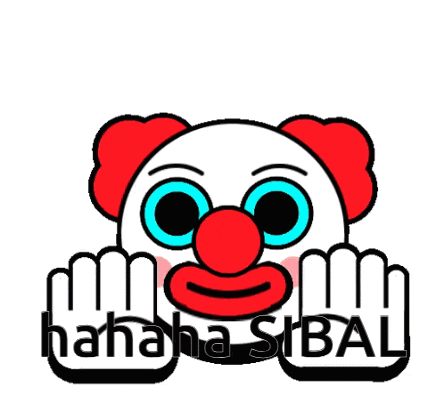 a cartoon clown with a red nose and blue eyes is holding up his hands and says ' hahahaha sibal '