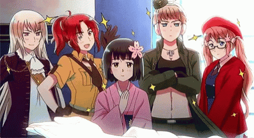 a group of anime girls standing next to each other