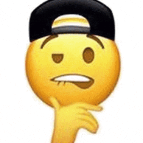 a yellow smiley face wearing a black hat and holding his finger to his chin .