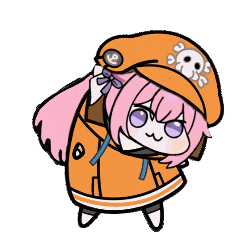 a cartoon of a girl with pink hair wearing an orange hat with a skull on it