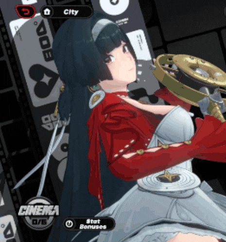 a girl in a red and white dress is holding a roulette wheel in front of a city sign
