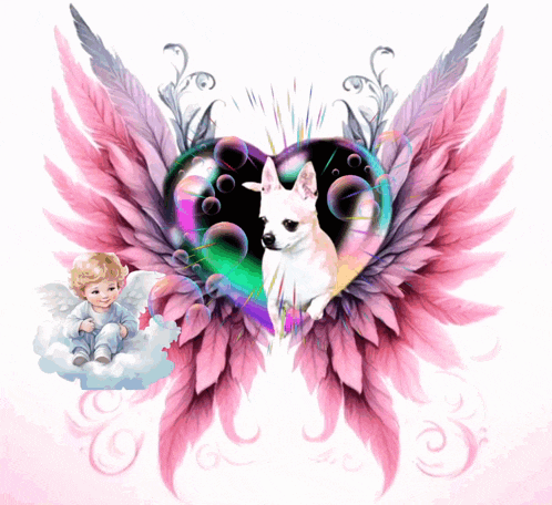 a painting of a child sitting on a cloud and a dog with wings