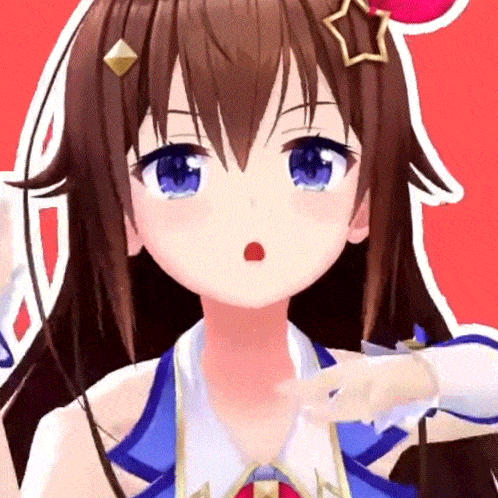 a close up of a anime girl with long brown hair and blue eyes .