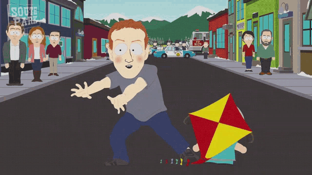 a cartoon of a man playing with a kite with a south park sign behind him