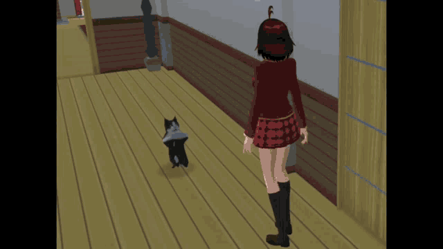 a girl in a plaid skirt is standing next to a cat on a wooden floor