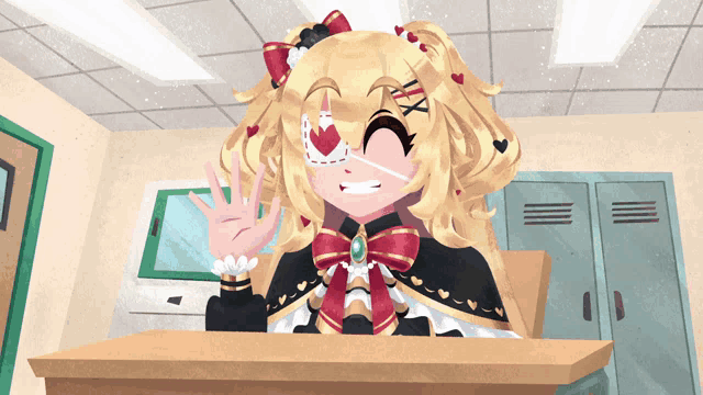 a girl with a heart on her eye is sitting at a desk in a classroom