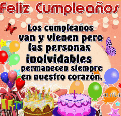 a birthday card with a cake and balloons and the words feliz cumpleanos