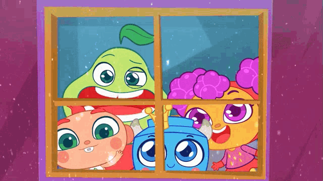 a group of cartoon characters looking out a window