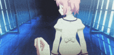 a girl with pink hair and a bow on her back is walking down a hallway
