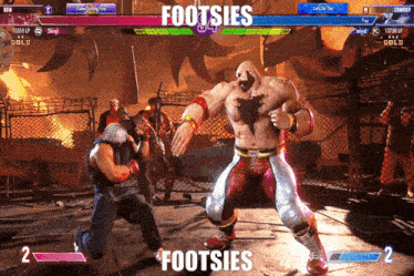 two wrestlers are fighting in a video game with the words footsies on the screen
