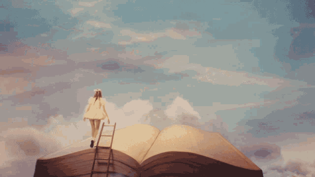 a girl in a white dress is standing on top of an open book titled notice