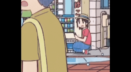 a cartoon of a man and a girl looking at a cell phone